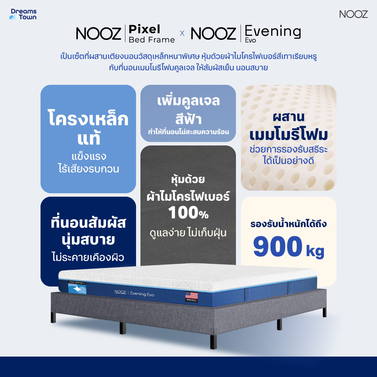 ที่นอนเมมโมรี่โฟม 6 ฟุต NOOZ EVENING EVO  มาพร้อมกับฐานเตียง 6 ฟุต NOOZ PIXEL BED FRAME (ไม่มีหัวเตียง)_6